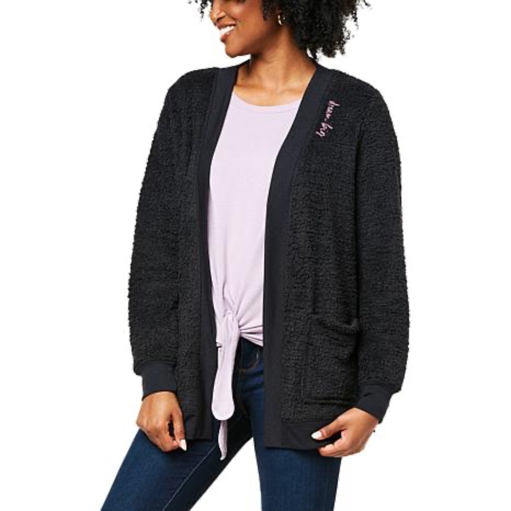 Lacey Chabert chenille marshmallow cozy cardigan in Black, Size 2X